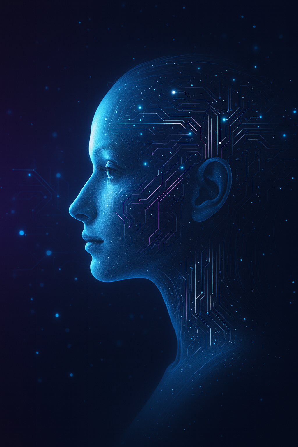Futuristic AI profile rendered in neon circuitry